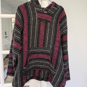 Baja Joe Black and Pink Mexican  Poncho. Surf. Boho. Pullover. Hoodie